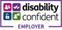 The disability confident logo in a purple rectangle with the words disability confident employer.