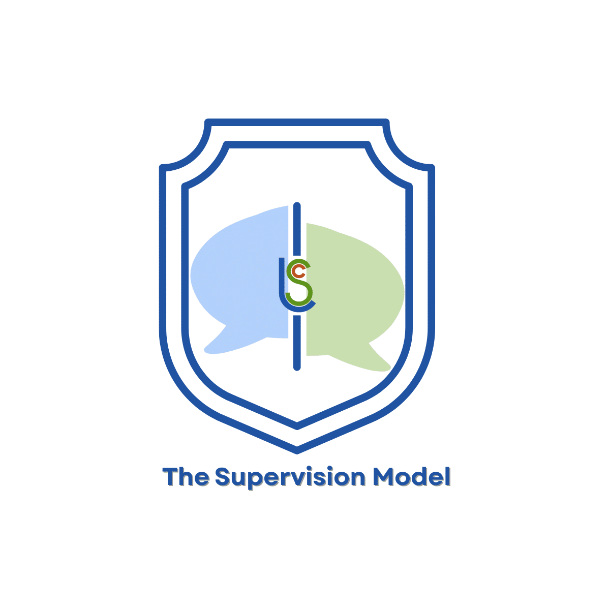 A shield with 2 halves of a speech bubble, inside.